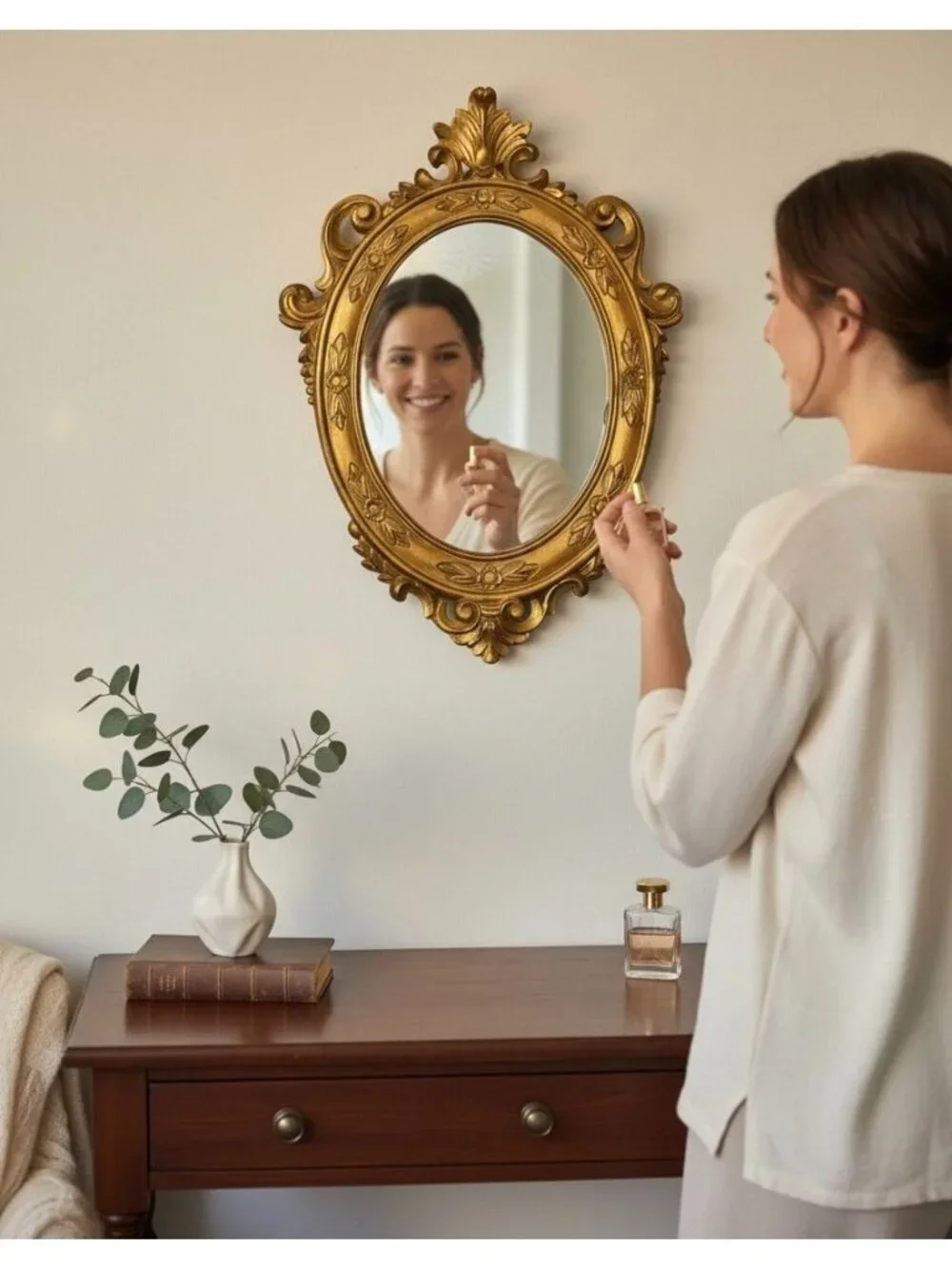 Ornate Gold Oval Mirror With Floral Details & Vintage Frame Design